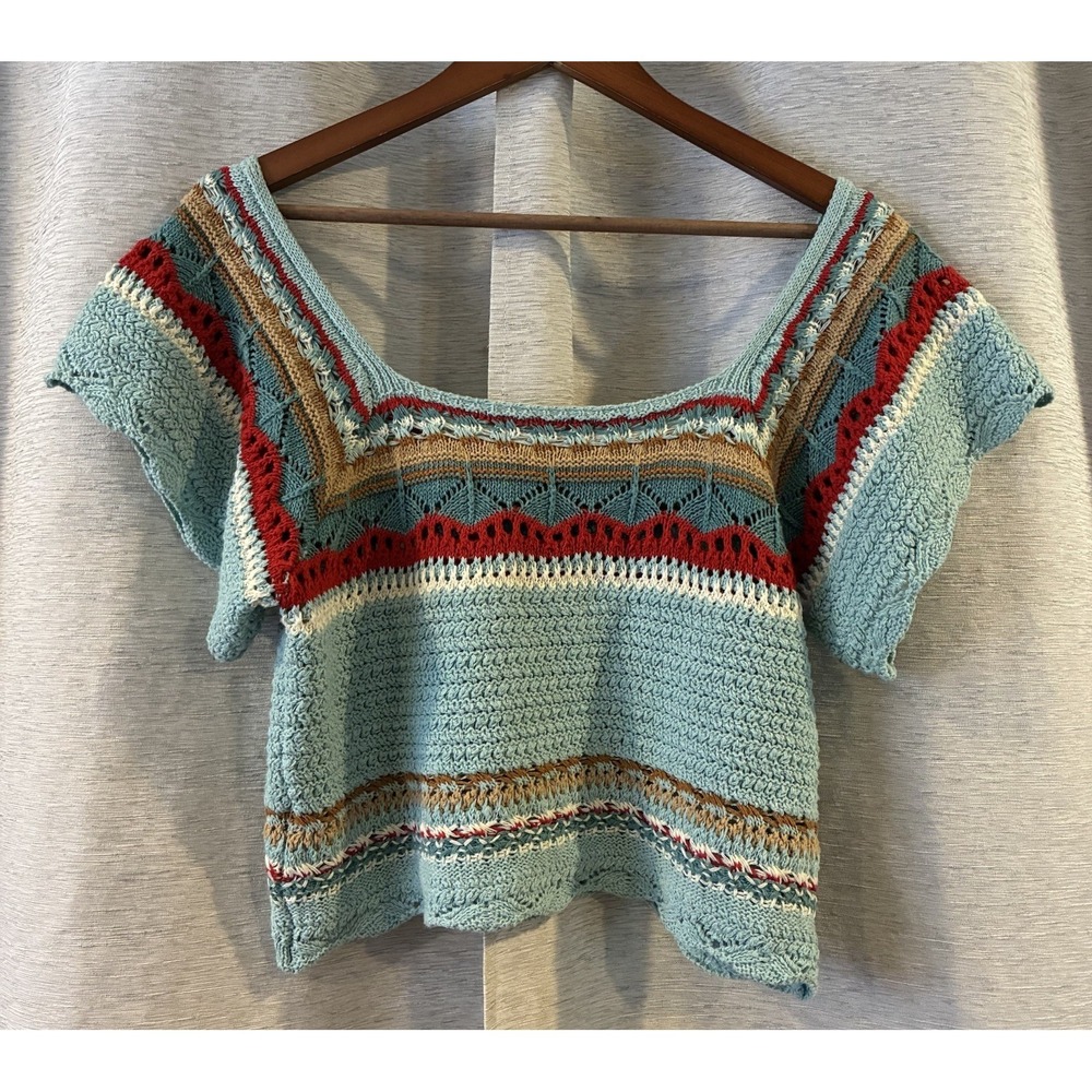 Miracle Colorful Cropped Crochet Pullover Top Sz Large - Picture 4 of 6